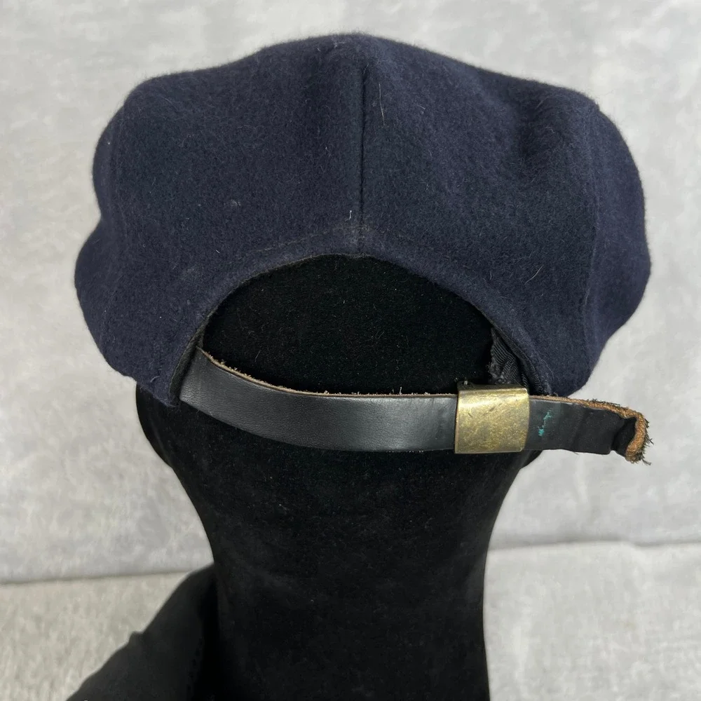 Vintage Wool Flat Cap Navy Blue Newsboy Ivy Driving Leather Strap USA Made Hat